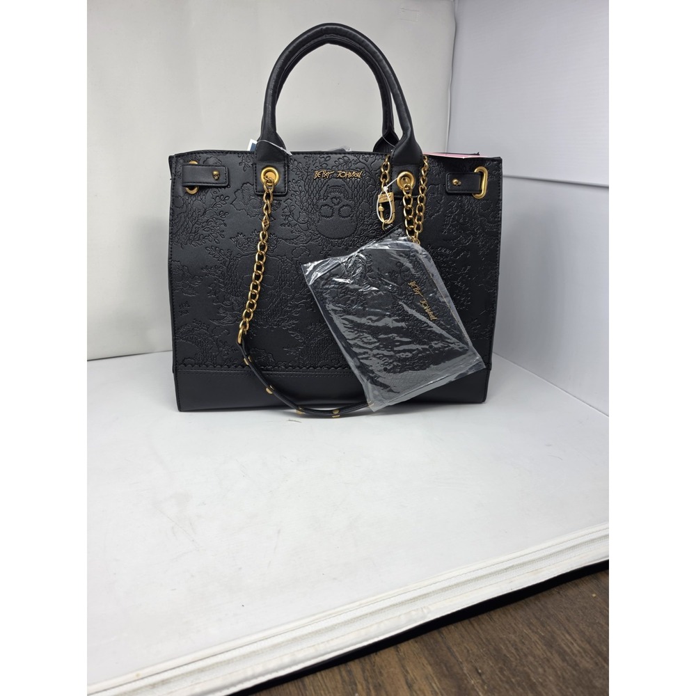 Betsey Johnson Black Embossed Skull Floral Satchel Bag w/ Pouch Halloween